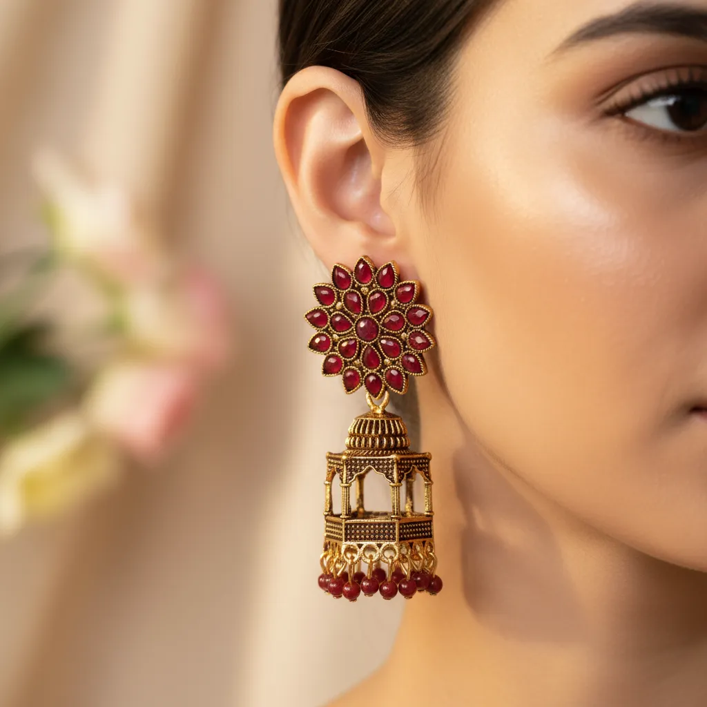 Royal Red Kundan Jharokha Statement Earrings - Image 2
