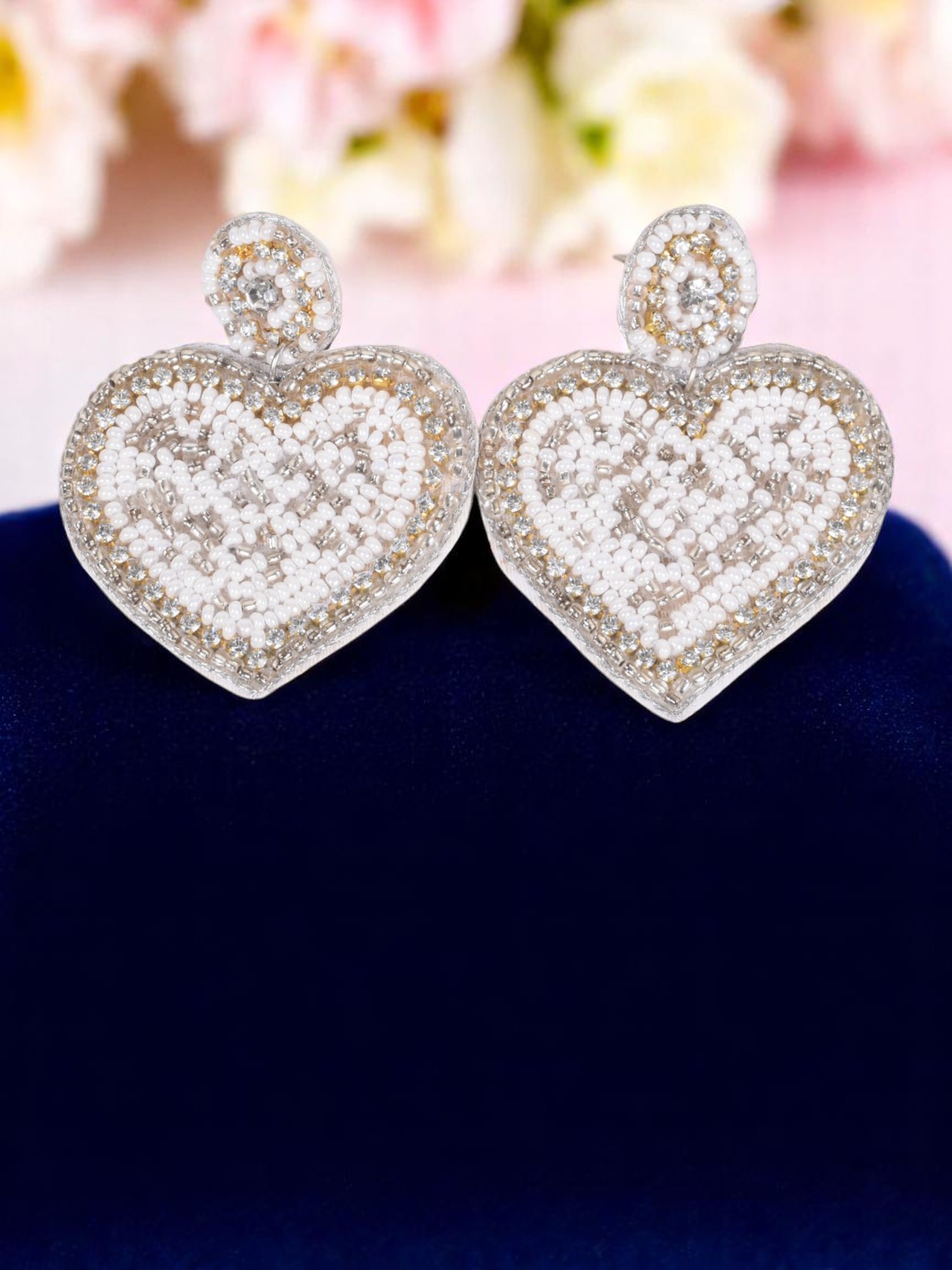 Handcrafted White & Gold Beaded Heart Earrings
