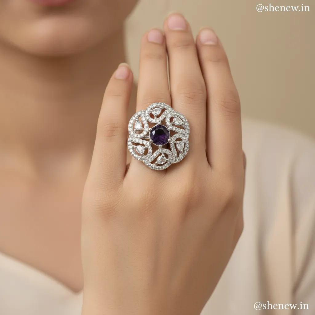 Purple Stone Designer Statement Ring with Diamond Finish – Adjustable - Image 3