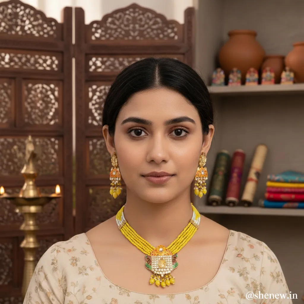 Women’s Yellow Beaded Ganesh Pendant Necklace Set with Earrings