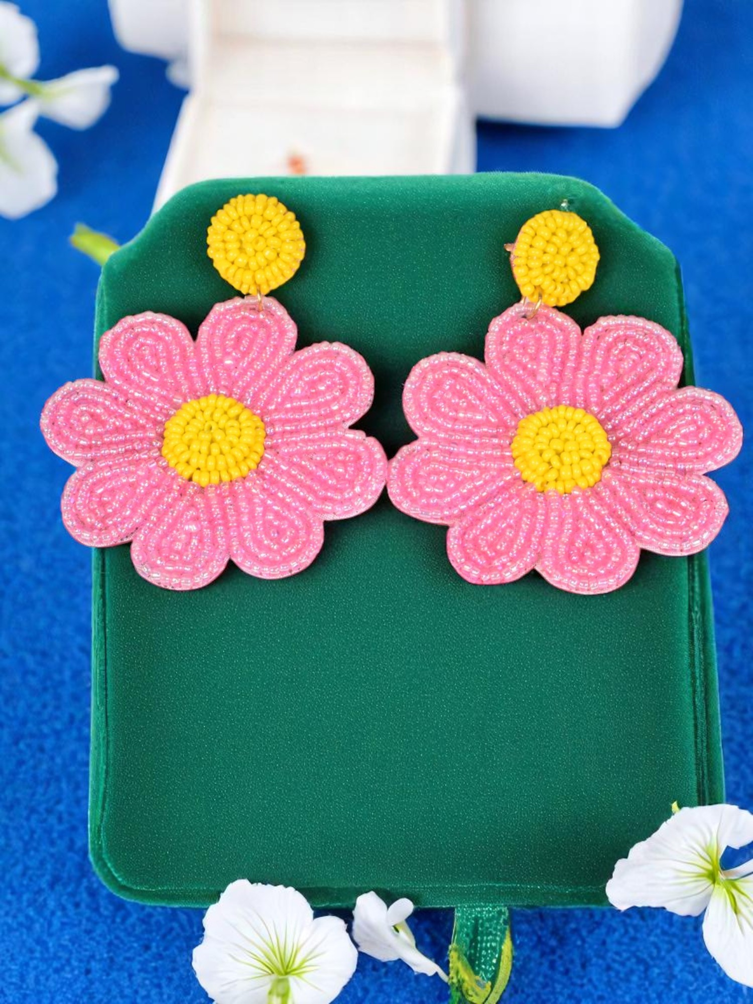 Handmade Pink Daisy Beaded Drop Earrings