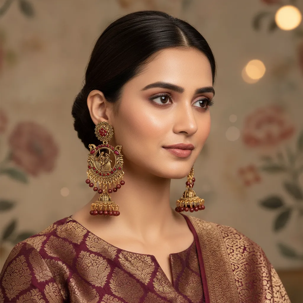 Antique Gold Maroon Stone Radha Krishna Temple Earrings for Women