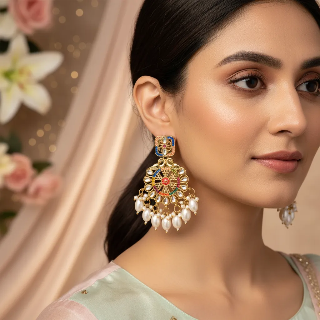 Royal Meenakari Pearl-Drop Chandbali Earrings