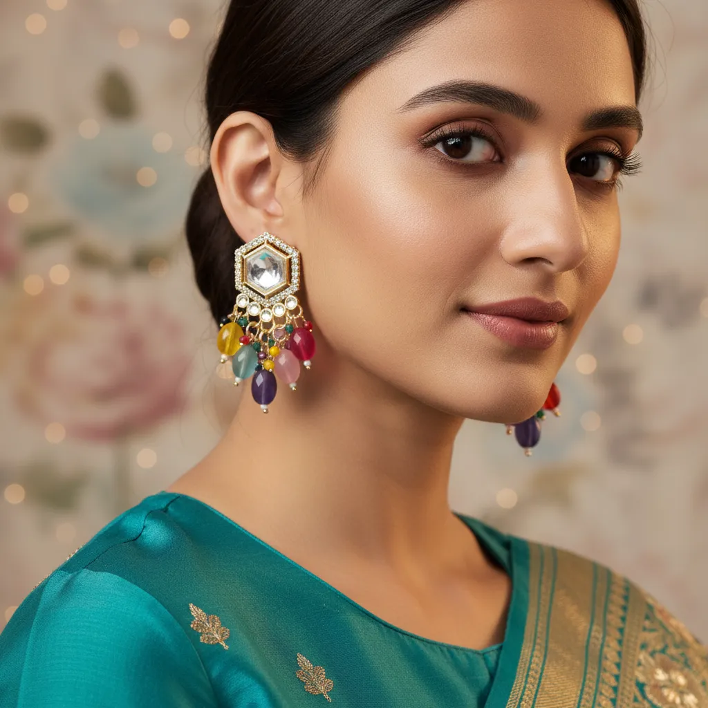 Hexagon Mirror-Work Multicolor Beaded Statement Earrings
