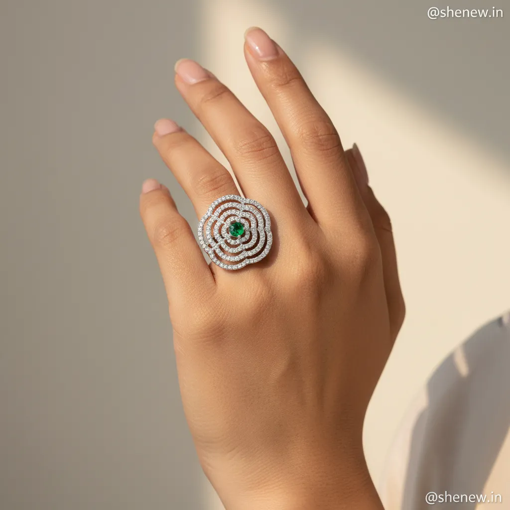 Silver Plated Multi-Layered Stone Adjustable Cocktail Ring for Women