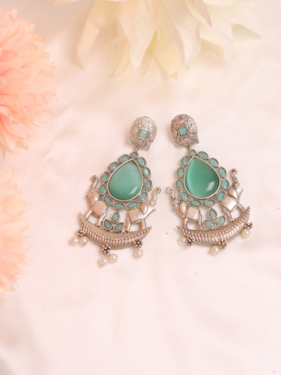 Elephant Design Oxidised Earrings with Pearl & Stones