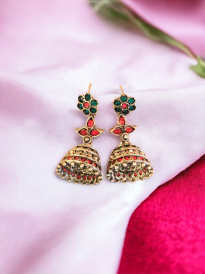 Green and Ruby Floral Oxidised Jhumki Earrings