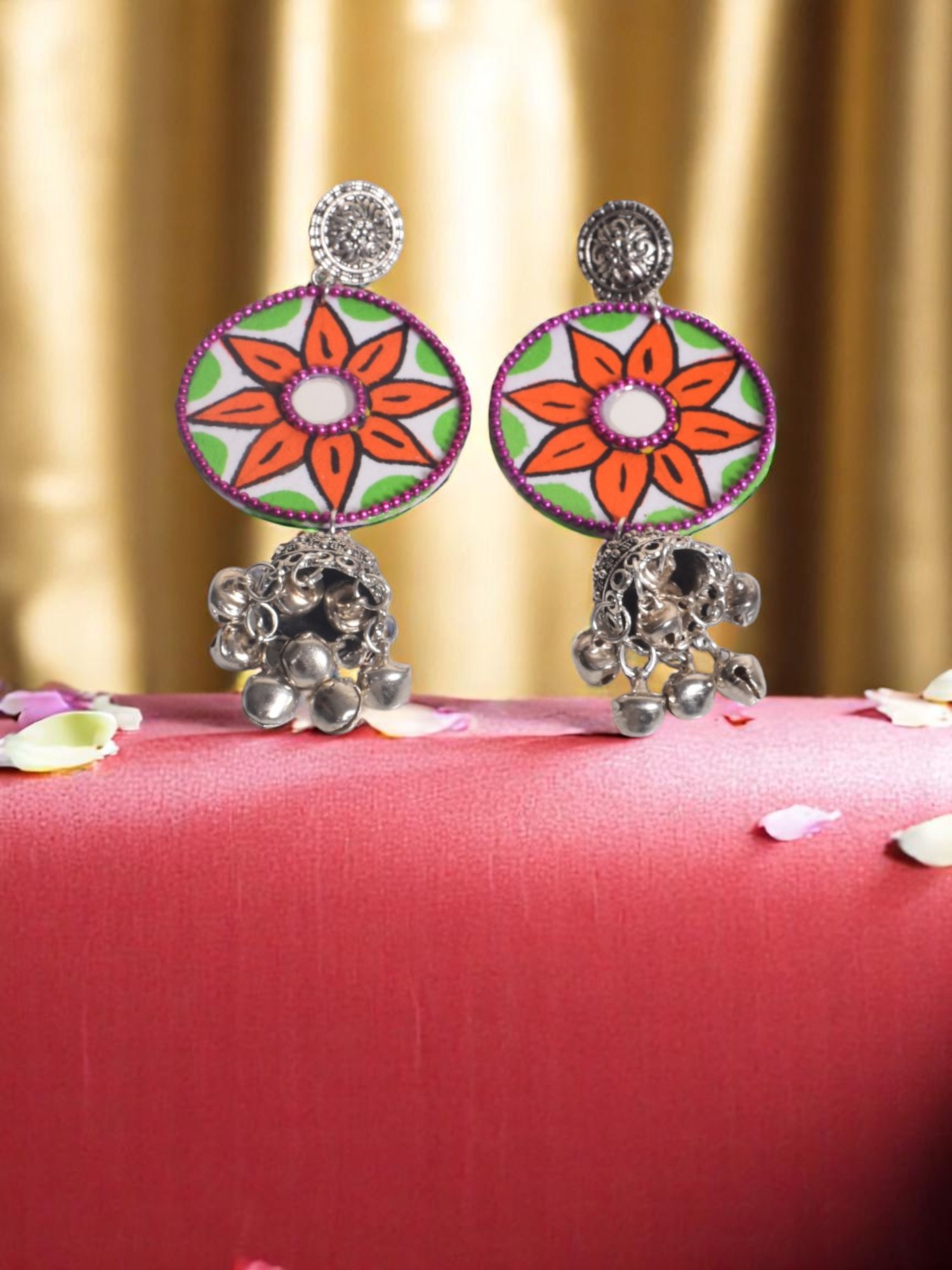 Vibrant Blossom Artistic Earrings with Metallic Ghungroos