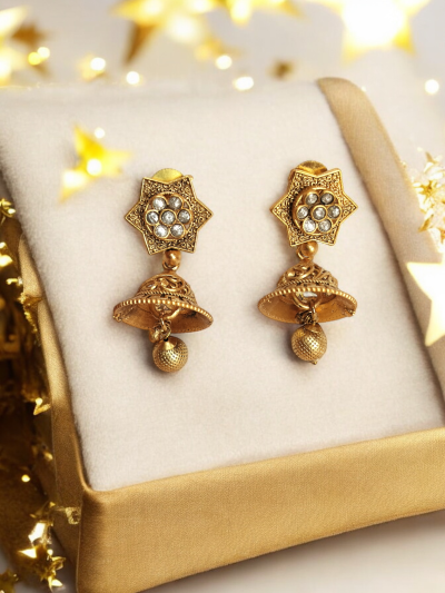 Golden Star Studded Kundan Jhumki Earrings