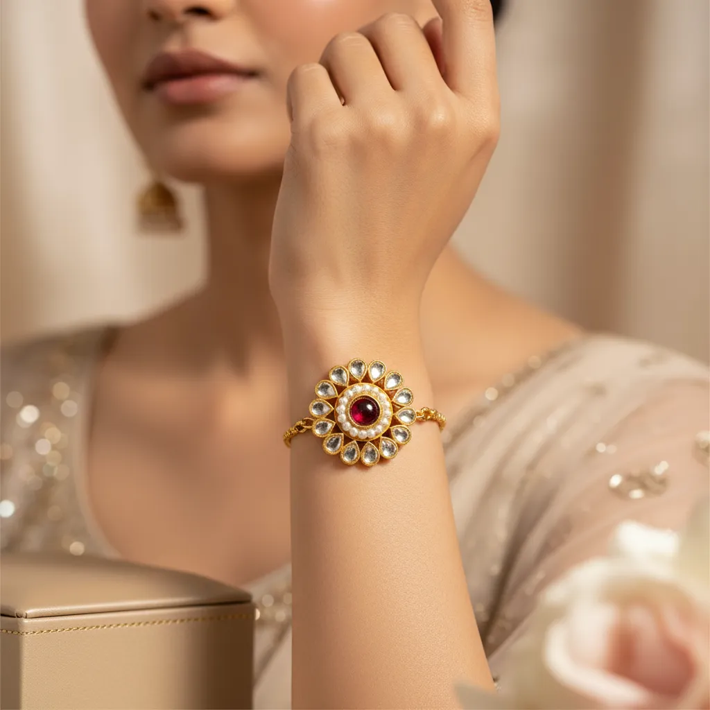 Kundan Floral Ruby Centerpiece Adjustable Bracelet for Women