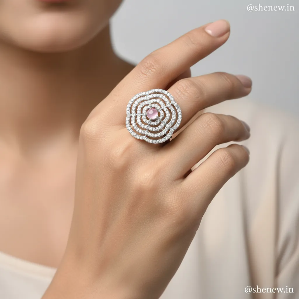 Silver Plated Multi-Layered Stone Adjustable Statement Ring for Women