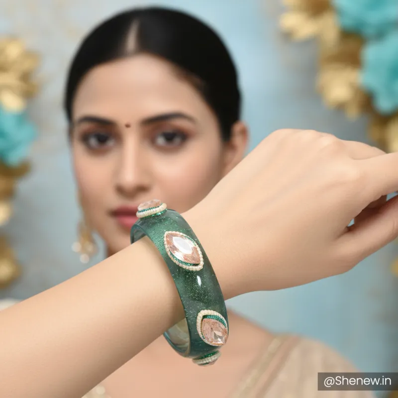 Green Stone Studded Broad Designer Bracelet for Women