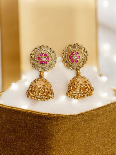 Golden Ruby Studded Floral Jhumki Earrings