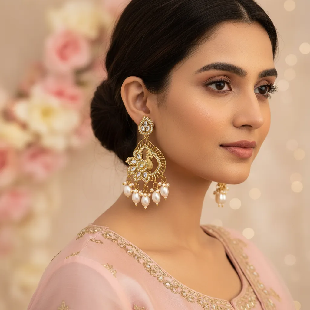 Peacock-Inspired Gold Plated Pearl Drop Earrings for Women