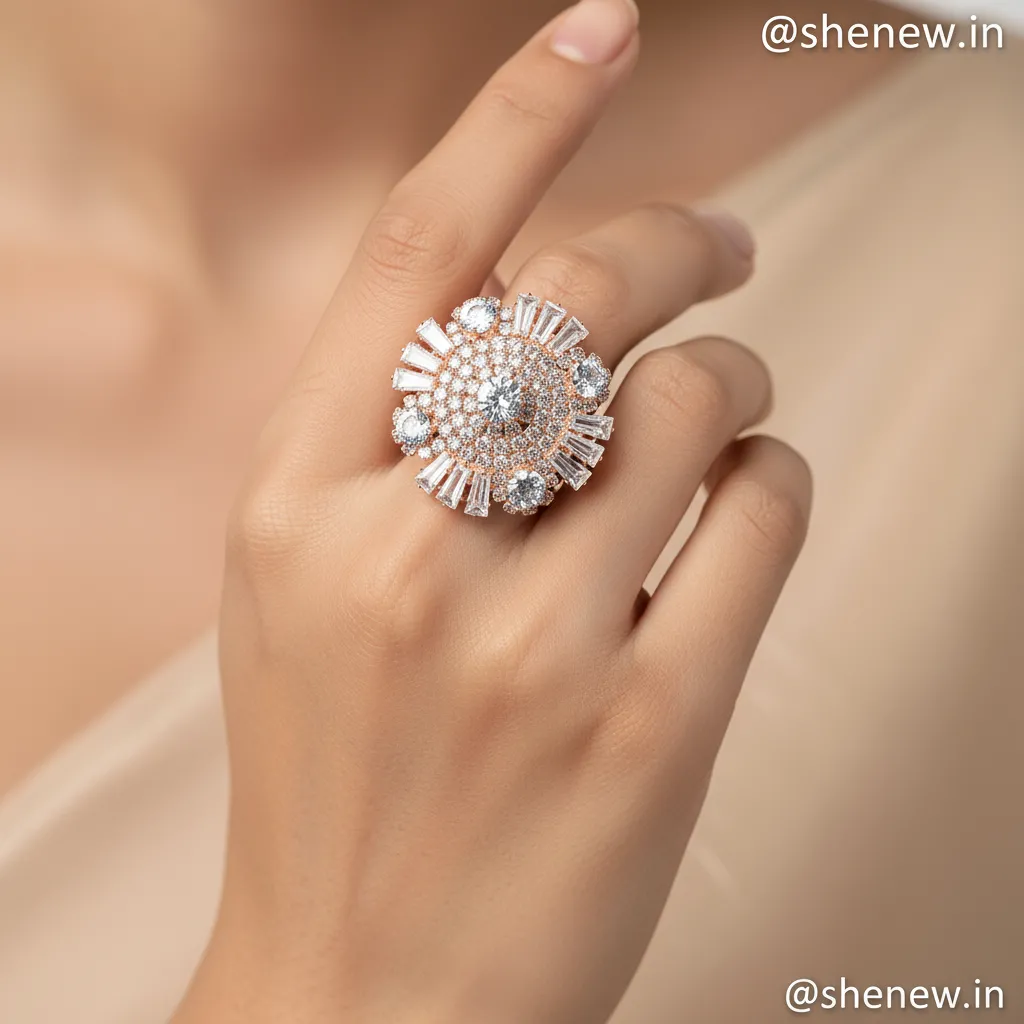 Designer Round Cluster Statement Ring with Diamond Finish – Adjustable
