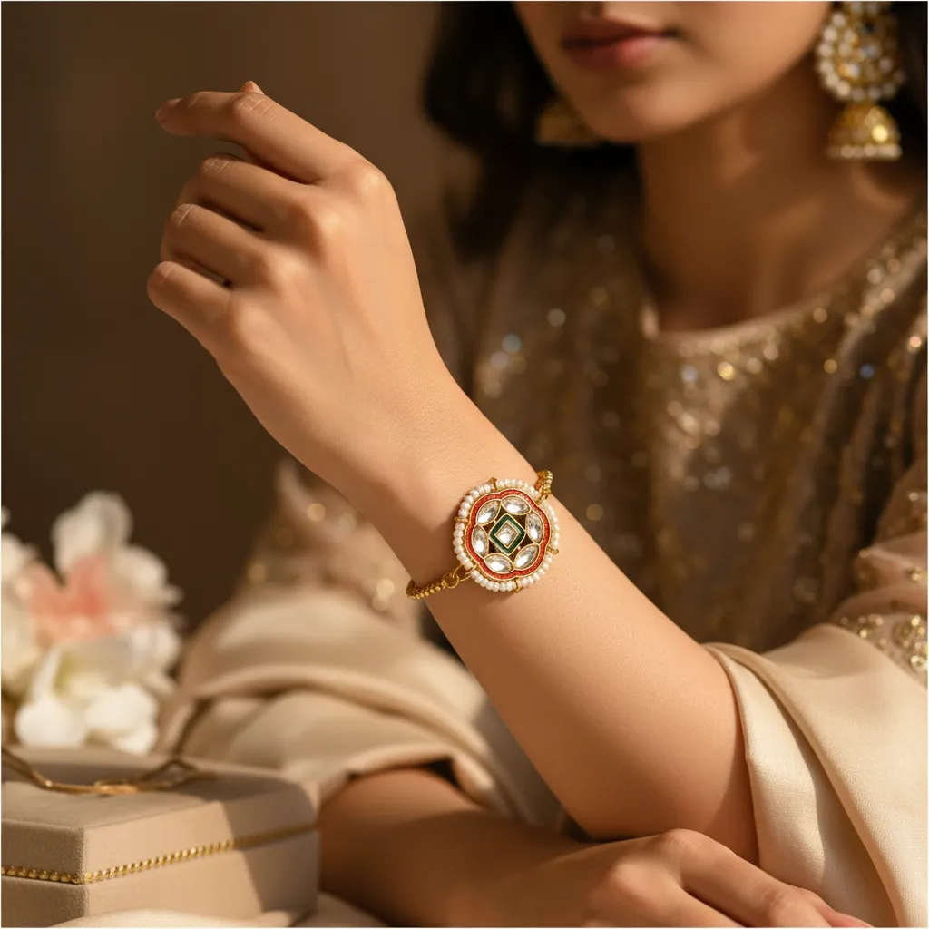 Kundan Pearl Circle Charm Adjustable Bracelet