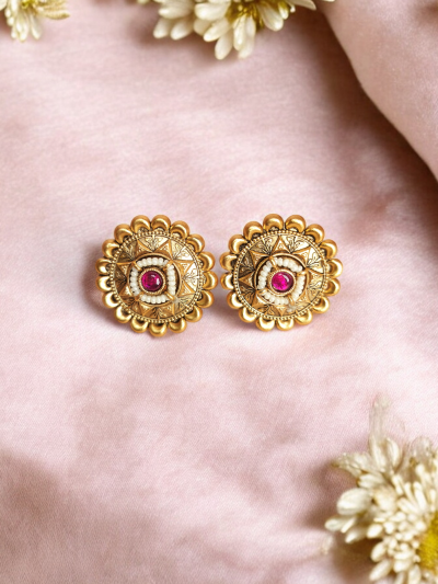 Traditional Gold-Plated Round Stud Earrings with Ruby Accent