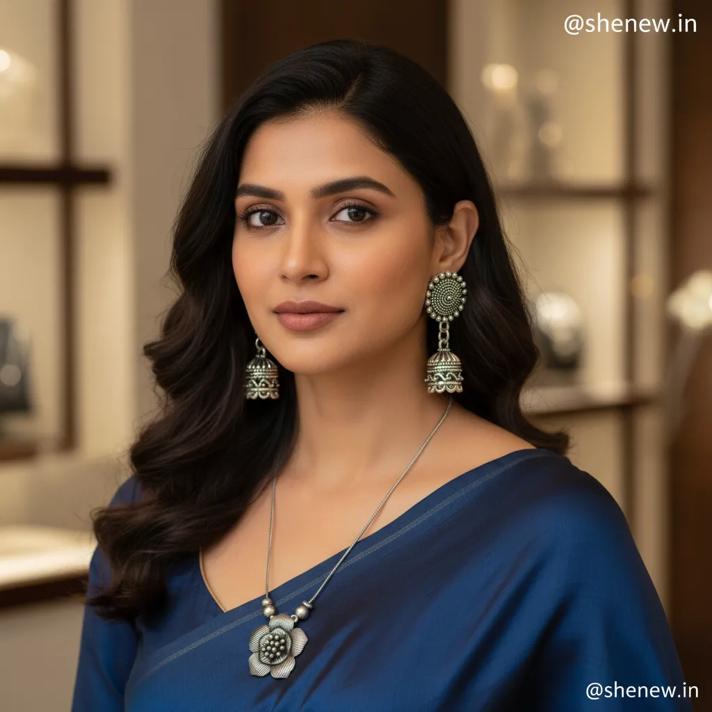Shenew Oxidized Silver Floral Pendant Necklace Set