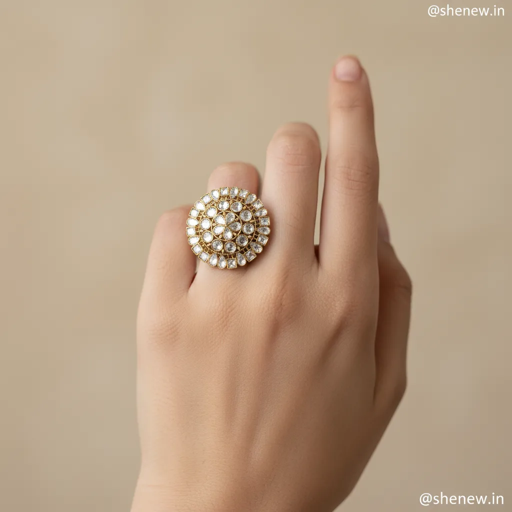 Gold-Tone Round Cluster Statement Ring with White Stones – Adjustable