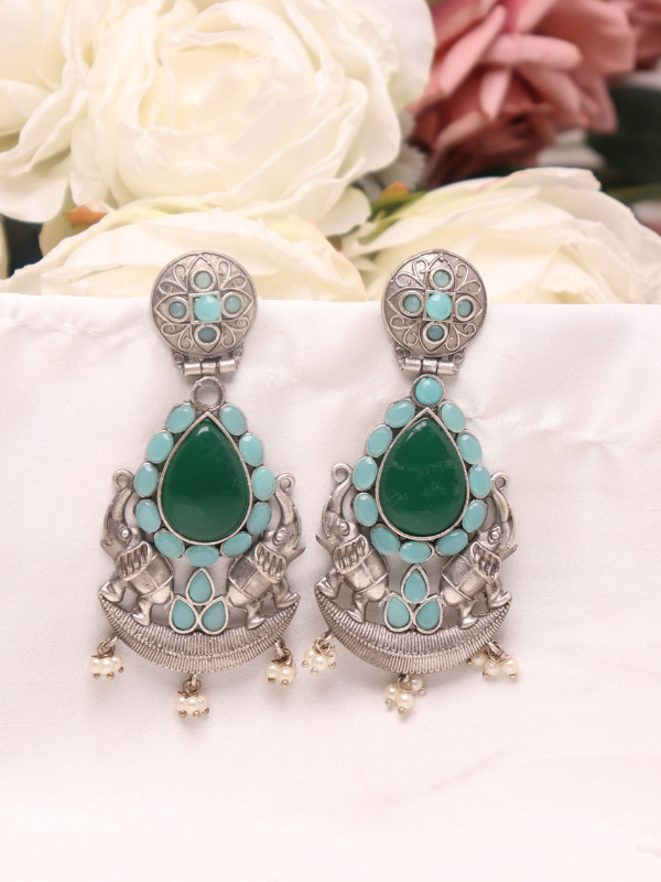Elephant Design Oxidised Earrings with Pearl & Stones - Image 8
