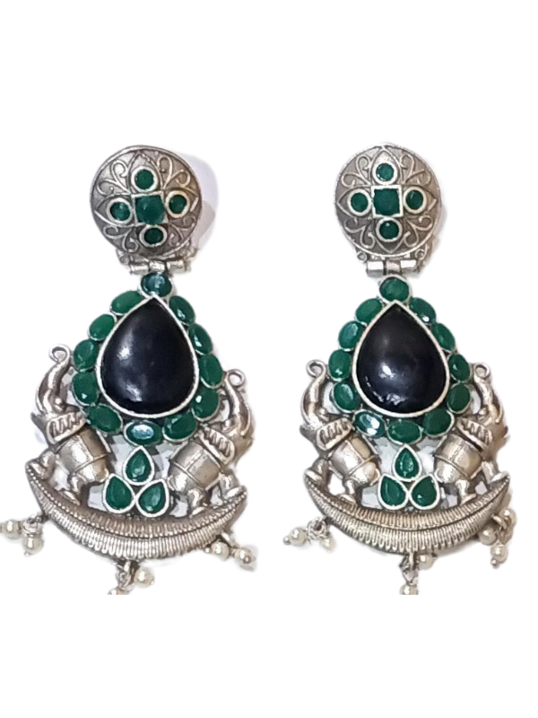 Elephant Design Oxidised Earrings with Pearl & Stones - Image 3