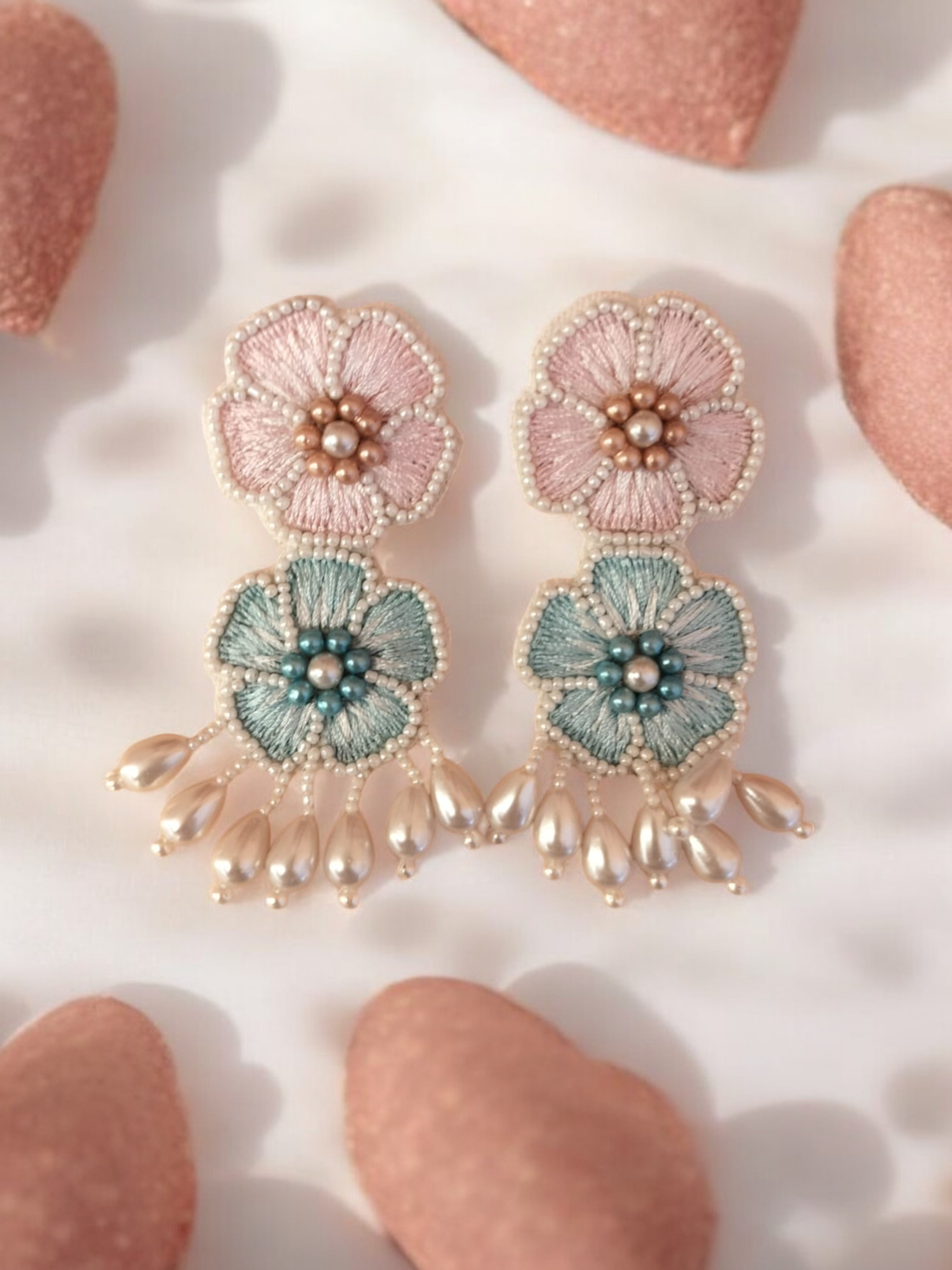 Designer Pink Blue Floral Handmade Earrings