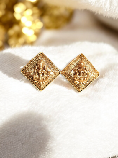 Gold Plated Goddess Lakshmi Square Stud Earrings