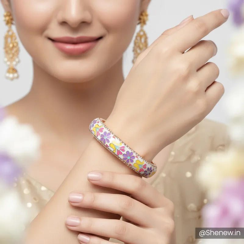 Gold-Plated Floral Enamel Bangle for Women
