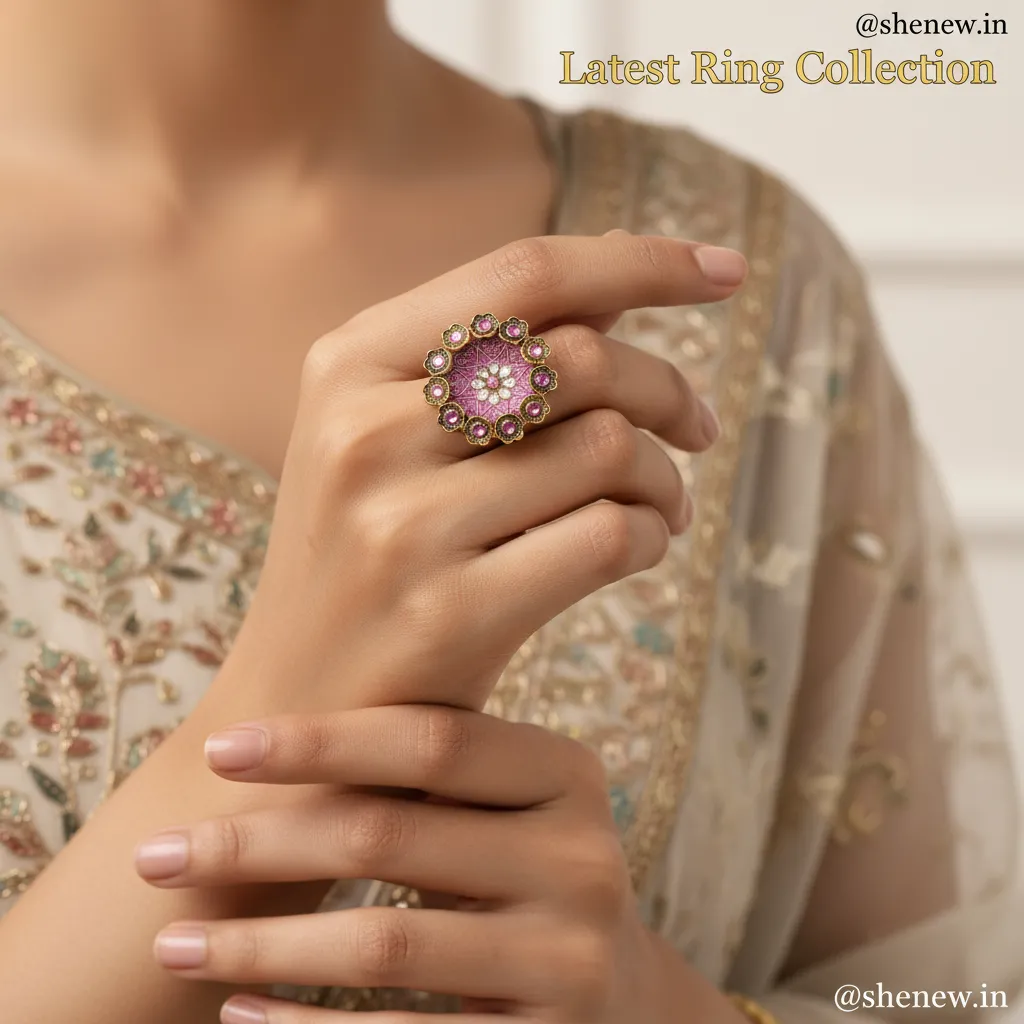 Pink Enamel Kundan Adjustable Statement Ring for Women
