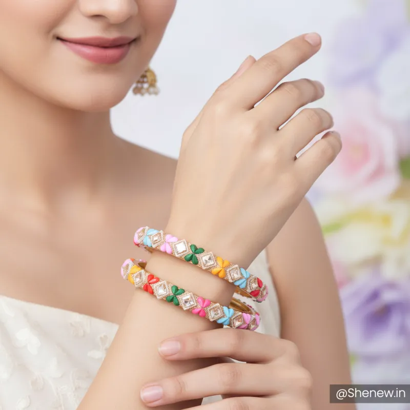 Multicolor Stone Studded Golden Bangle Set for Women – Set of 2