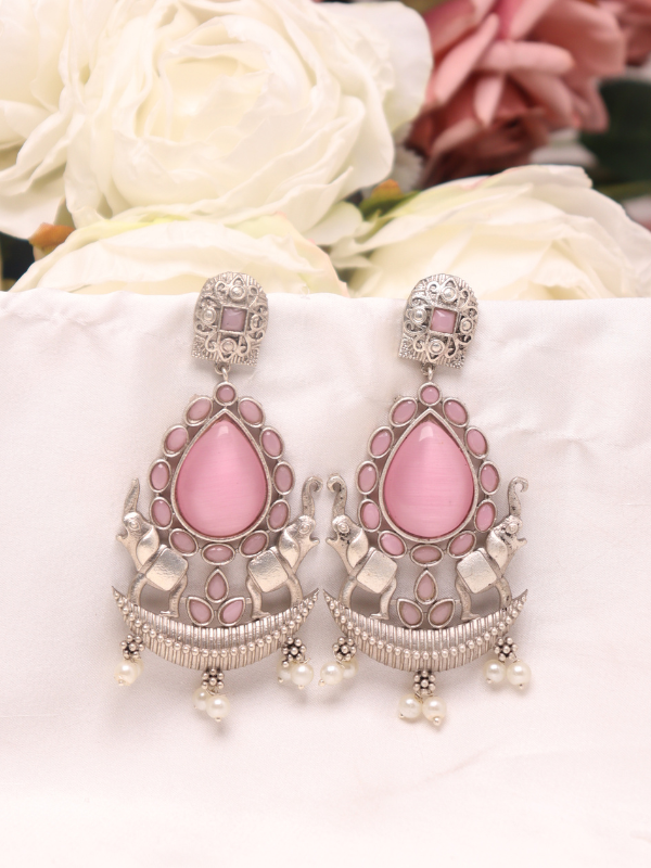 Elephant Design Oxidised Earrings with Pearl & Stones - Image 7