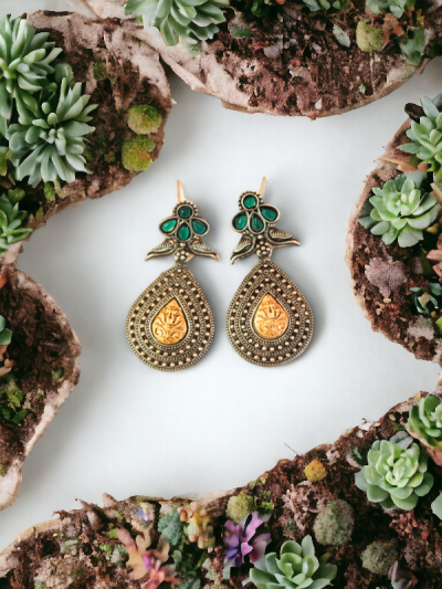 Dual Toned Oxidised Drop Earrings With Bird Motif