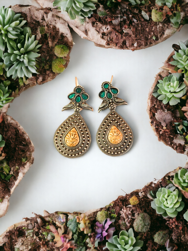 Dual Toned Oxidised Drop Earrings With Bird Motif