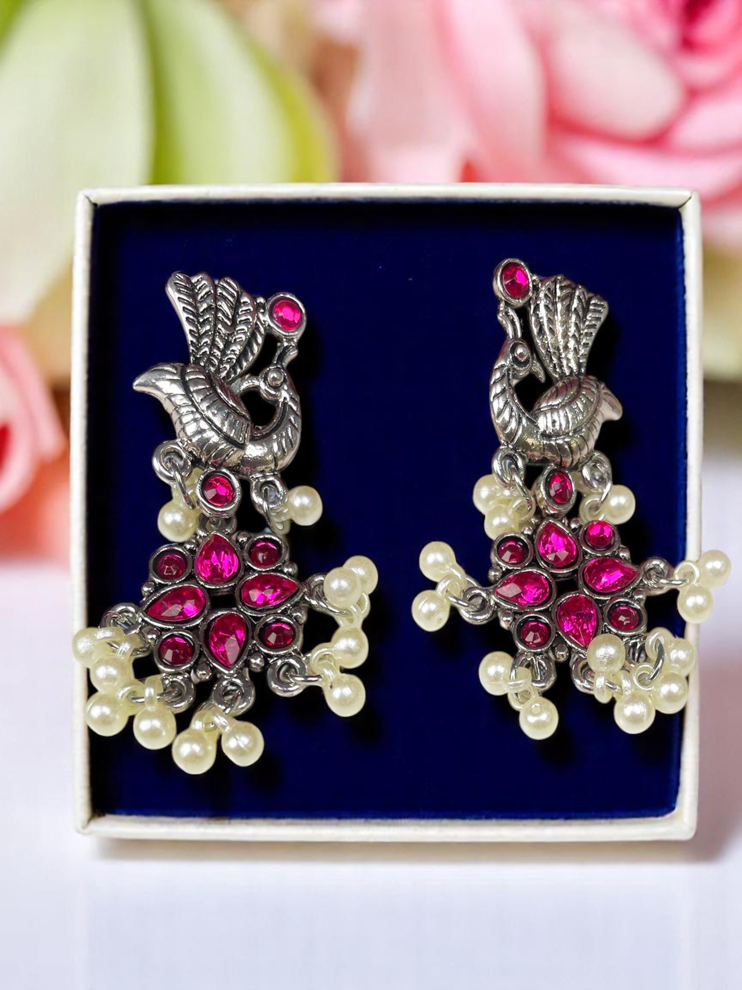 Peacock-Inspired Silver & Ruby Earrings