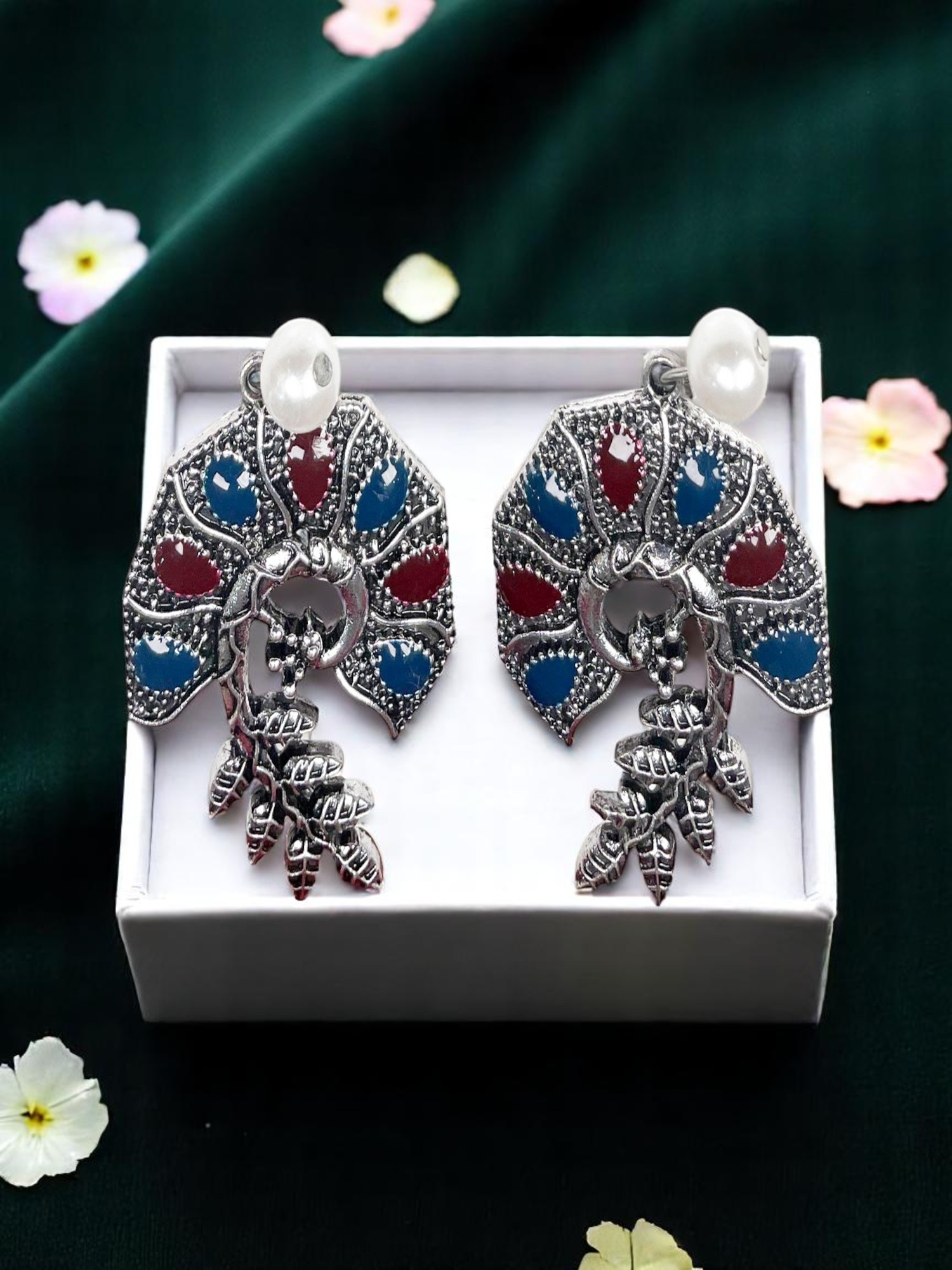 Oxidized Silver & Enamel Fan-Shaped Earrings