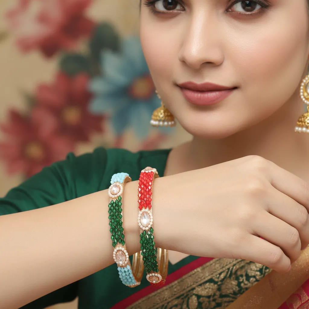 Designer Beaded Bangles with Green, Red & Blue Stonework – Set of 2