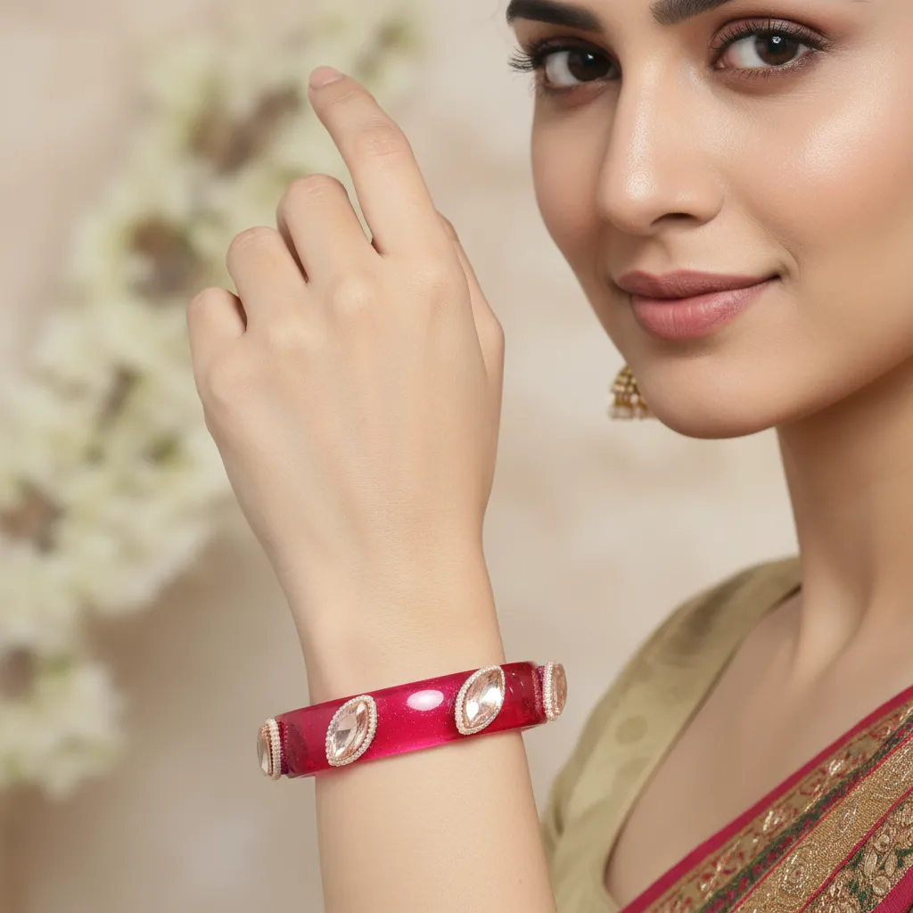 Red Glossy Bangle with Stone Detailing – Single Piece