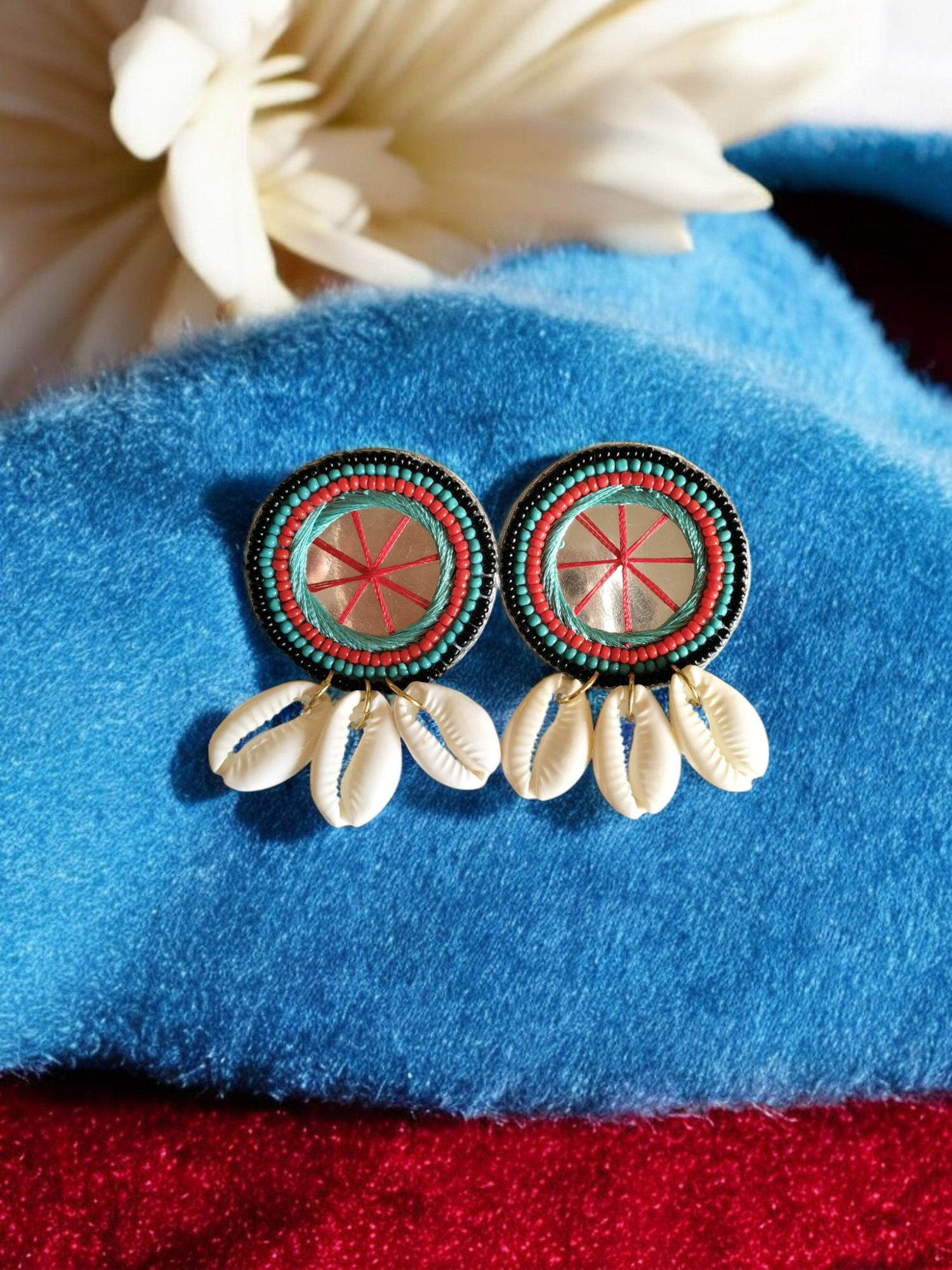 Beaded Mirror Cowrie Shell Earrings