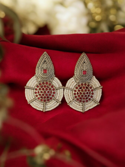Silver-Toned Red Stone Studded White Oxidised Drop Earrings
