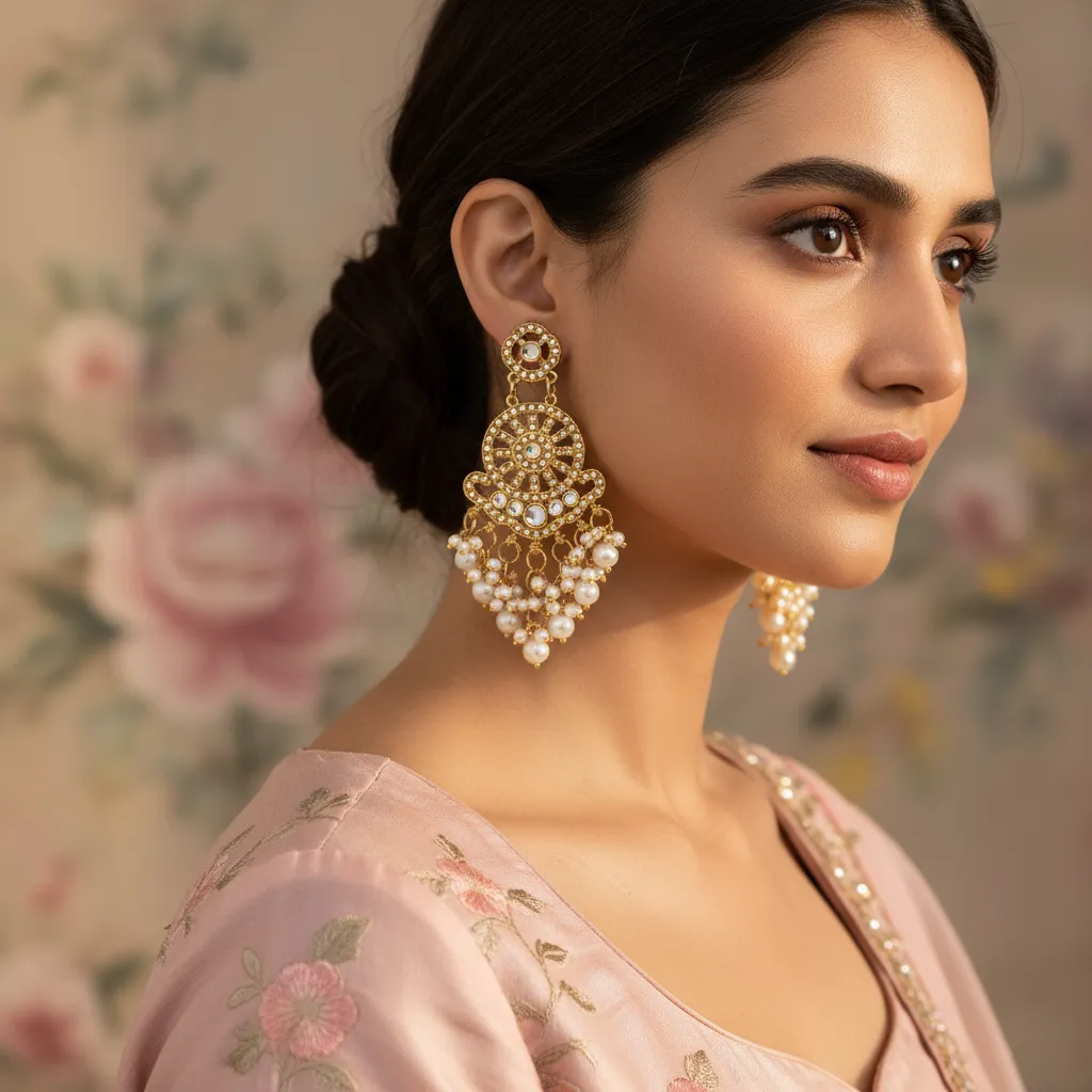 Gold Plated Pearl Cluster Kundan Chandbali Earrings for Women