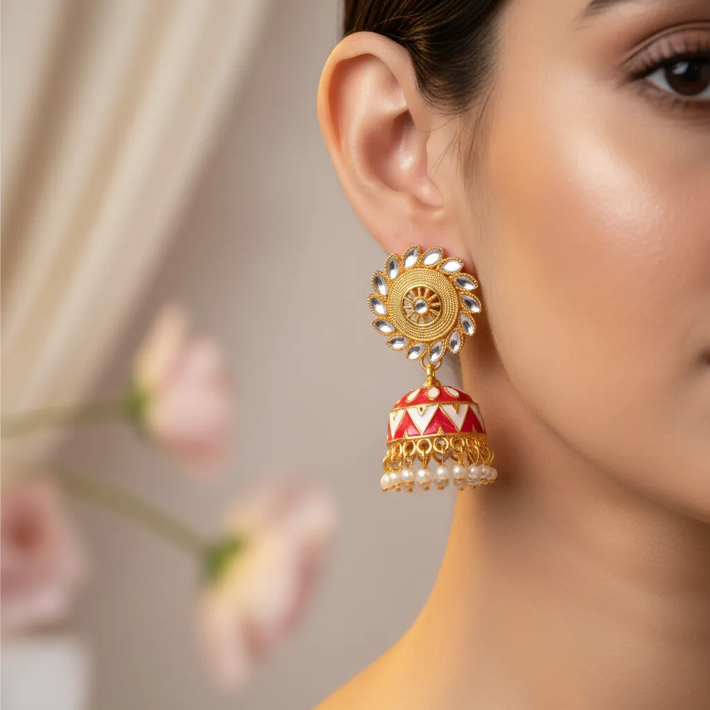 Gold-Plated Red Enamel Jhumka Earrings with Pearl Detailing - Image 2