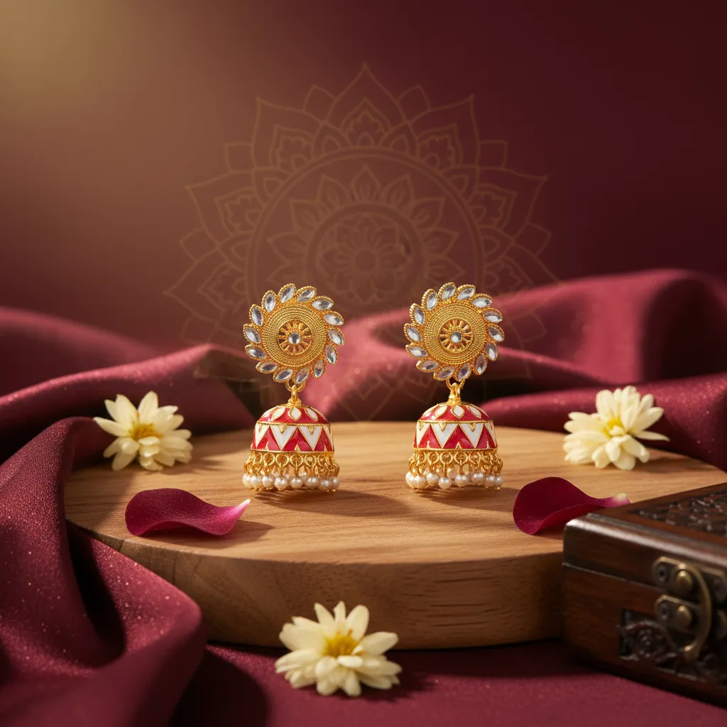 Gold-Plated Red Enamel Jhumka Earrings with Pearl Detailing