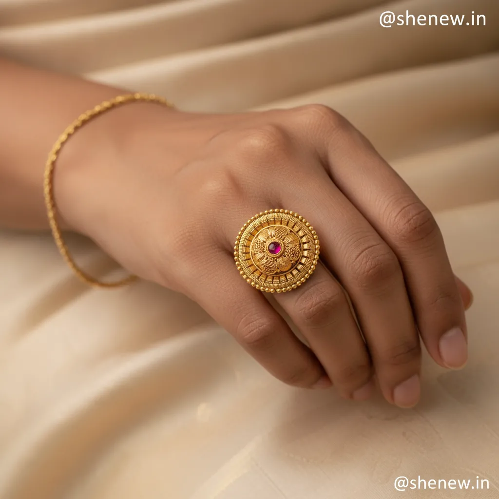 Gold-Plated Round Adjustable Statement Ring with Red Stone - Image 3