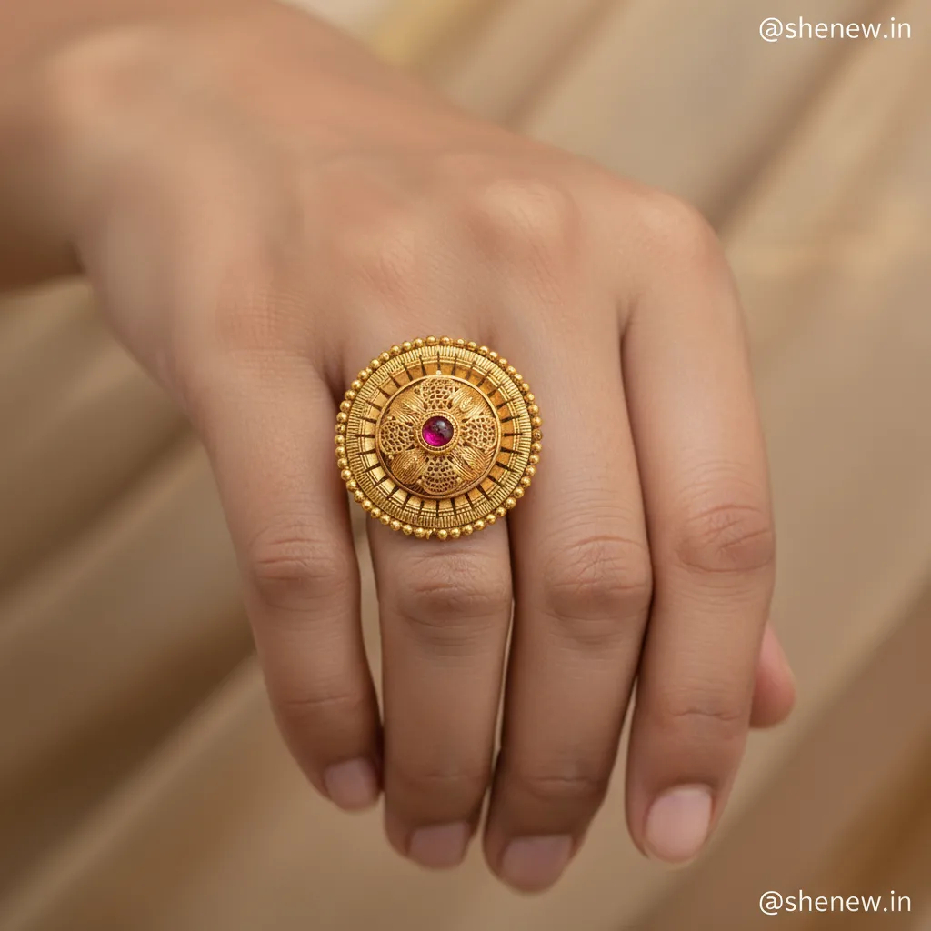 Gold-Plated Round Adjustable Statement Ring with Red Stone