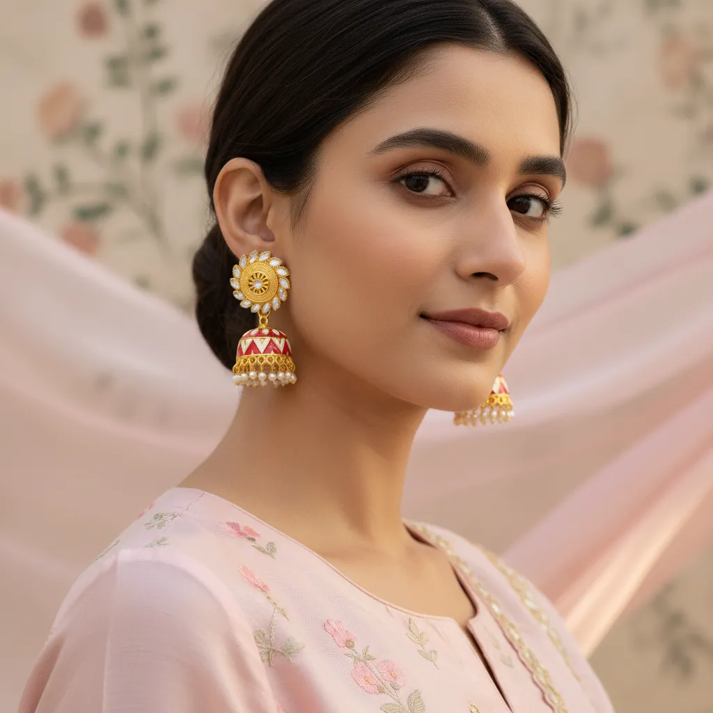 Gold-Plated Red Enamel Jhumka Earrings with Pearl Detailing