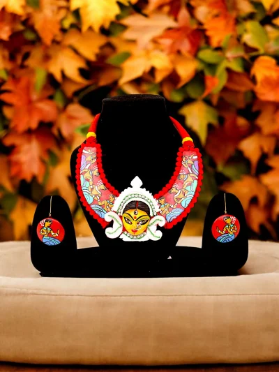 Handmade Terracotta Durga Pattachitra Art Neckpiece Set