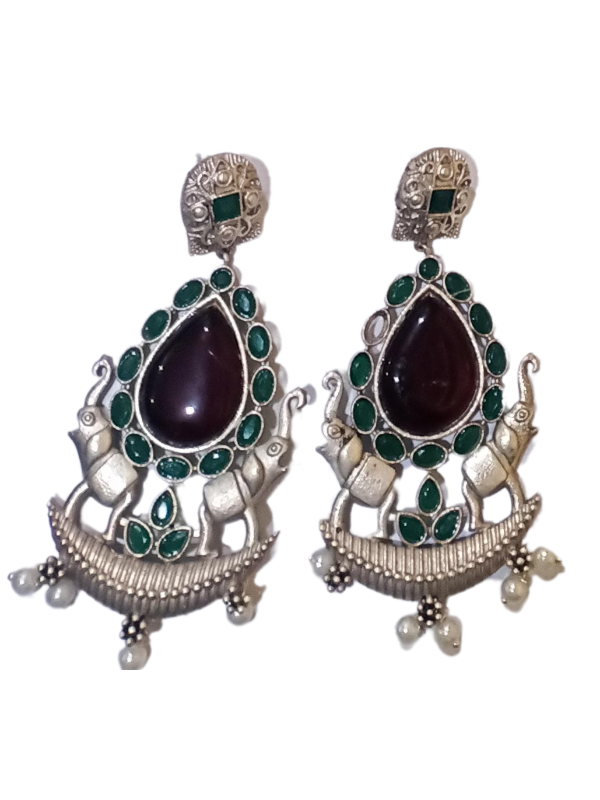 Elephant Design Oxidised Earrings with Pearl & Stones - Image 4
