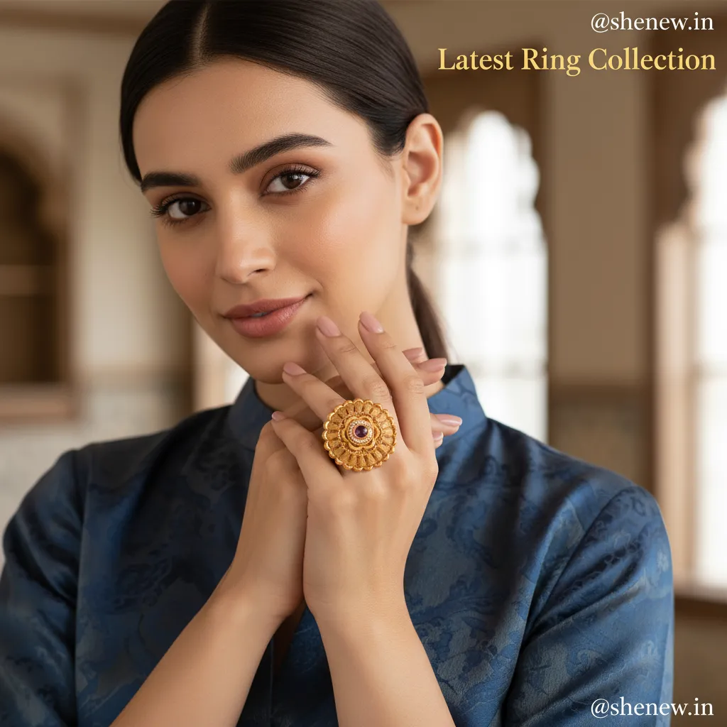 Gold-Plated Circular Textured Ring with Pink Stone