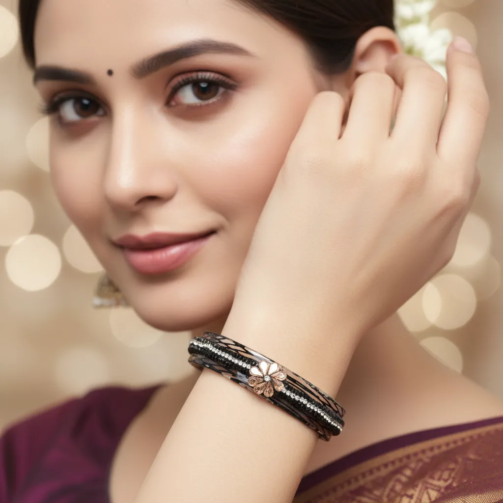 Black Crystal Floral Bangles with Stone Detailing – Pair