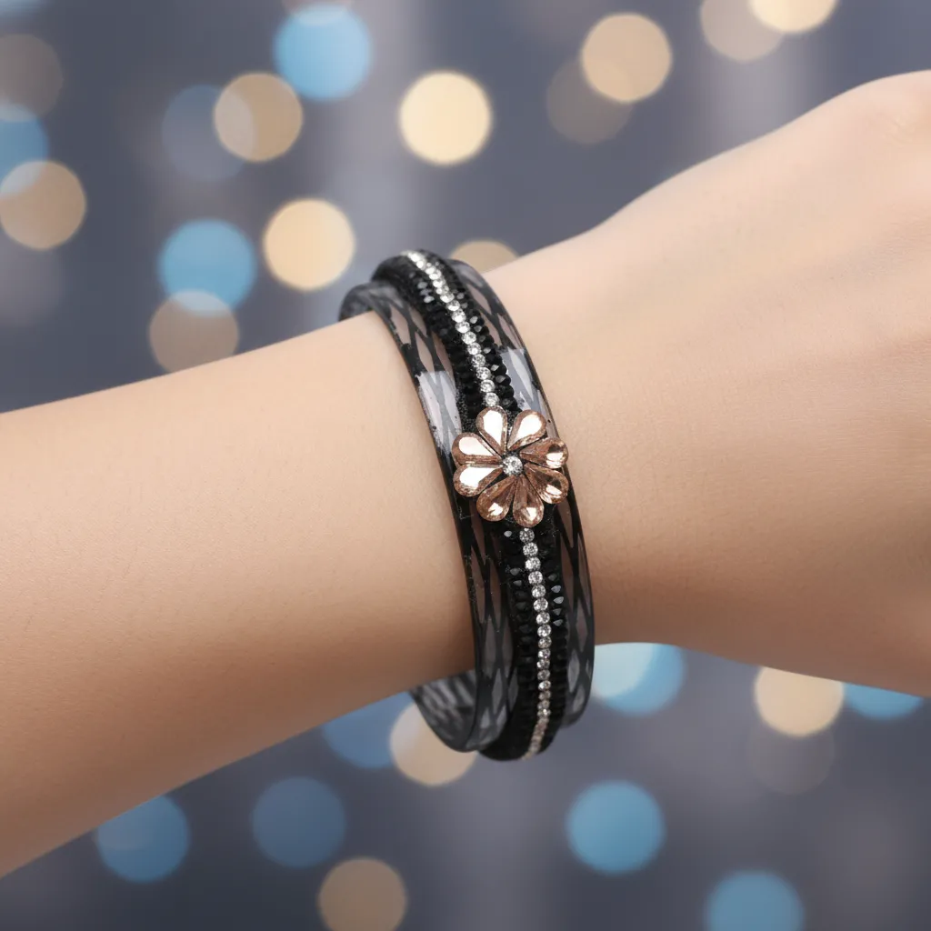 Black Crystal Floral Bangles with Stone Detailing – Pair - Image 3